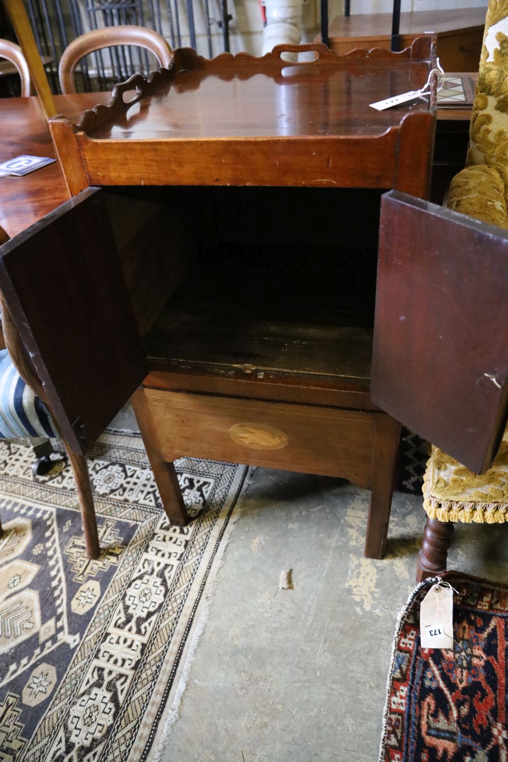 A George III inlaid mahogany tray top commode, width 50cm, depth 50cm, height 89cm